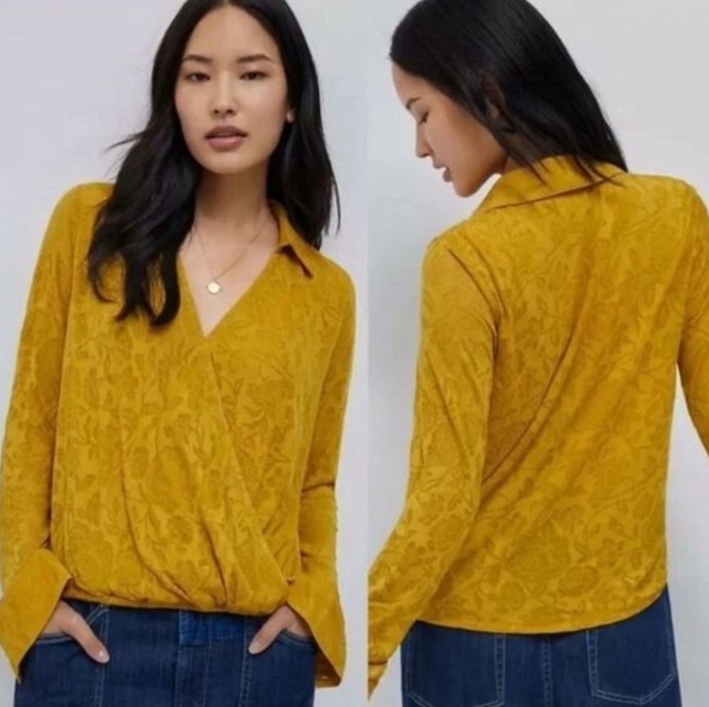 Anthropologie Maeve Mustard Yellow Gold V-Neck Wrap Blouse